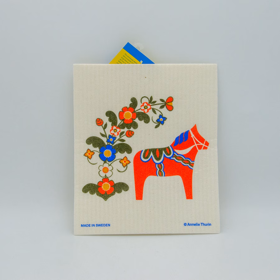 Swedish dishcloth,  red Dala horse with flower branch